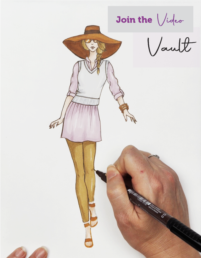 fashion illustration of a woman with a large brimmed hat and layered outfit